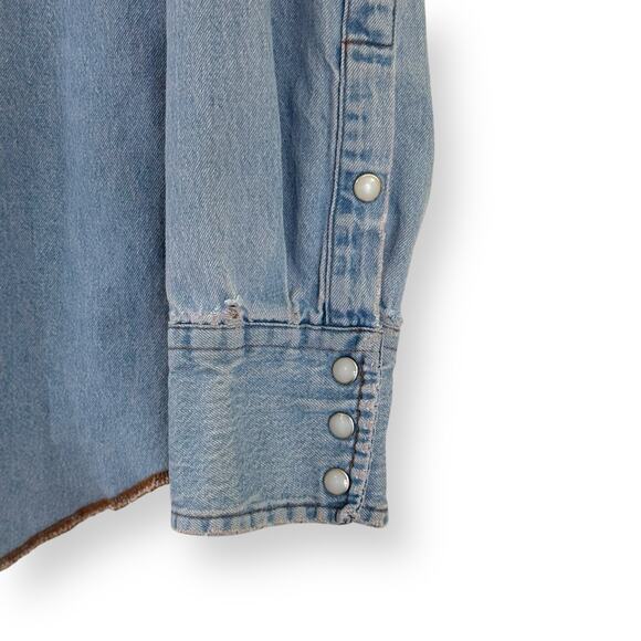 Wrangler 90s VTG Distressed Pearl Snap Denim Shirt Mens L Western Long Sleeve - Picture 7 of 16